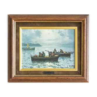 Tableau huile sur toile signée E.Myller "pêche nocturne"