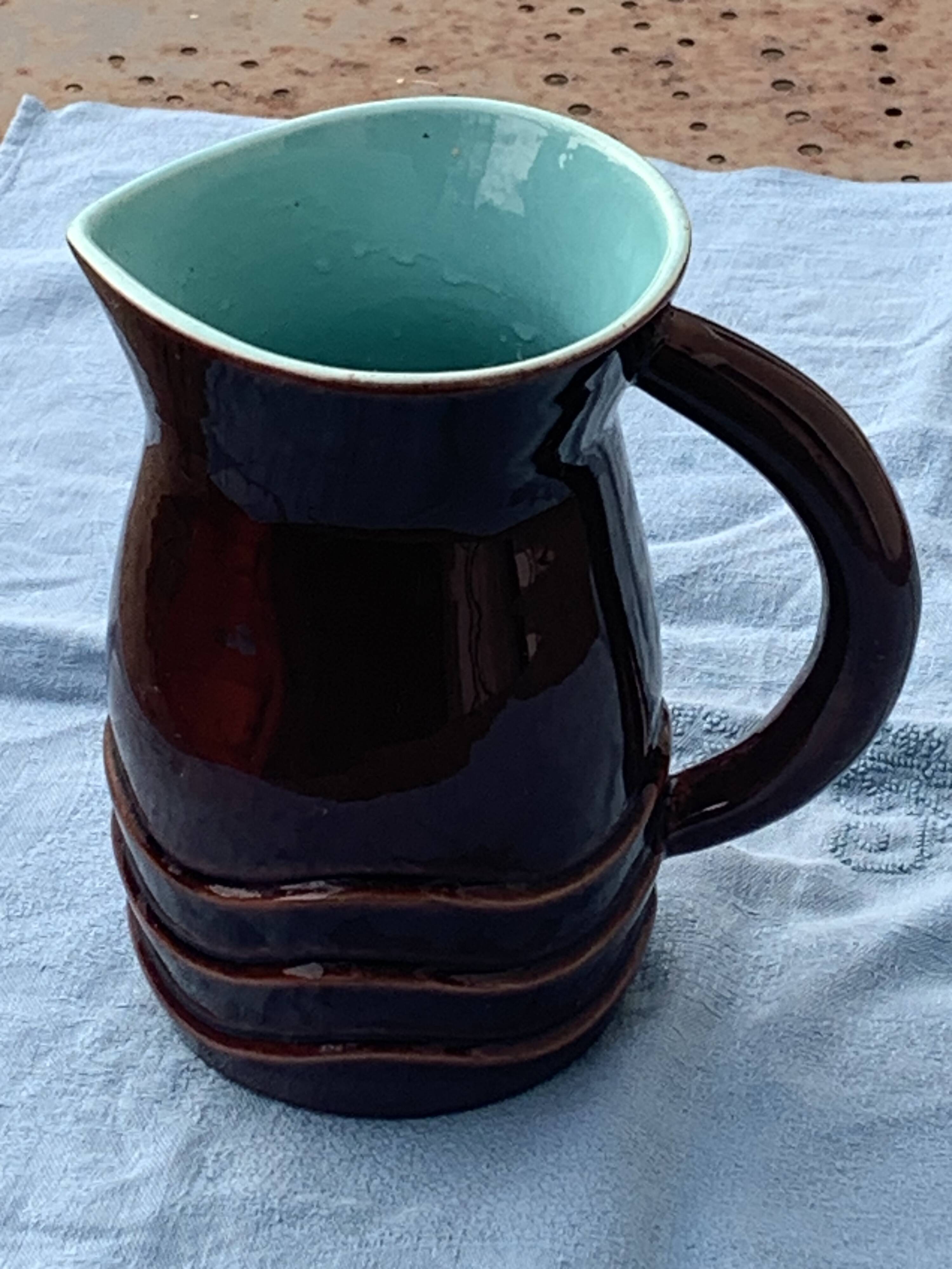 Jug, pitcher, pl france, poet laval, undulate, vintage 1950 in enameled ceramic, brown, turquoise