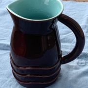 Jug, pitcher, pl france, poet laval, undulate, vintage 1950 in enameled ceramic, brown, turquoise