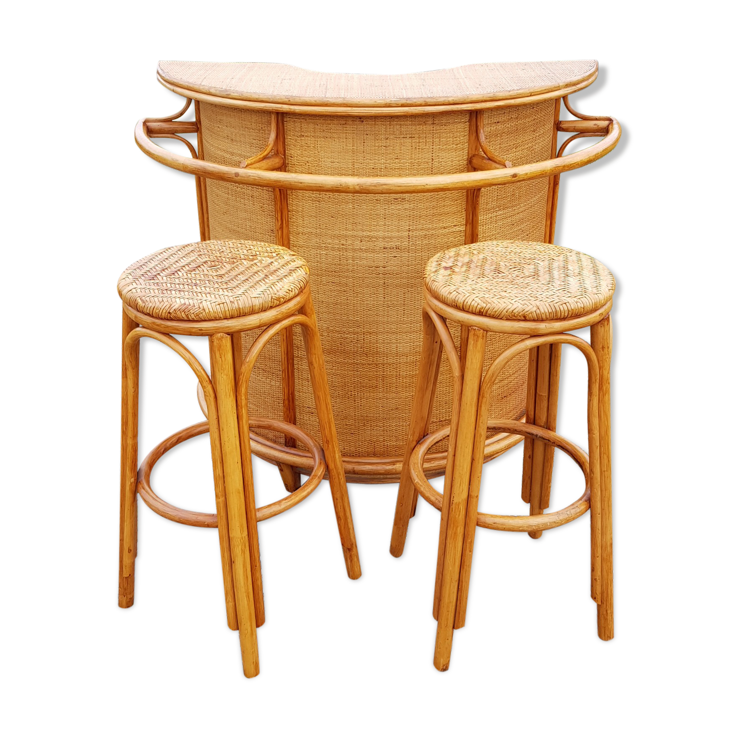 Vintage bamboo and rattan bar and pair of high stools