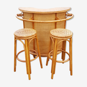 Vintage bamboo and rattan bar and pair of high stools
