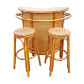 Bar vintage en bambou et rotin et paire de tabourets haut