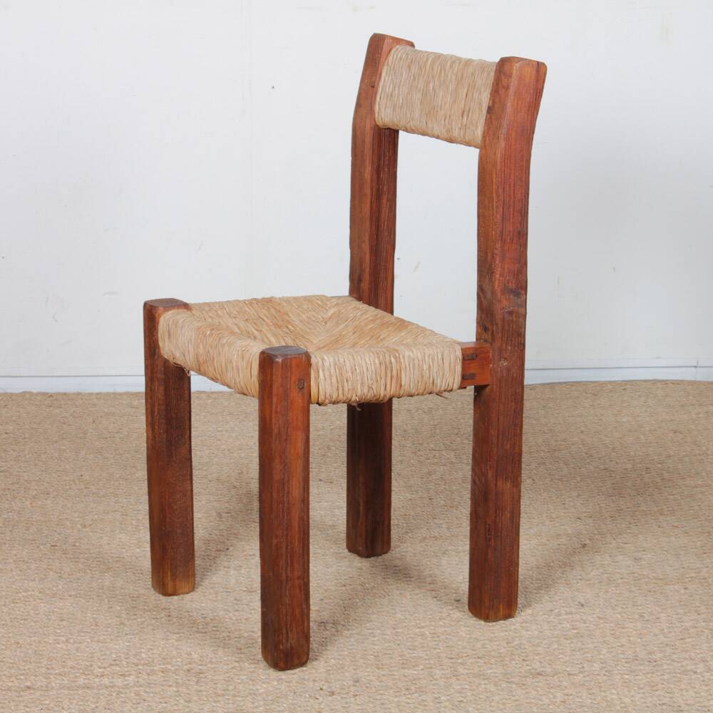 Set of 4 straw-seated wooden chairs, 1950.