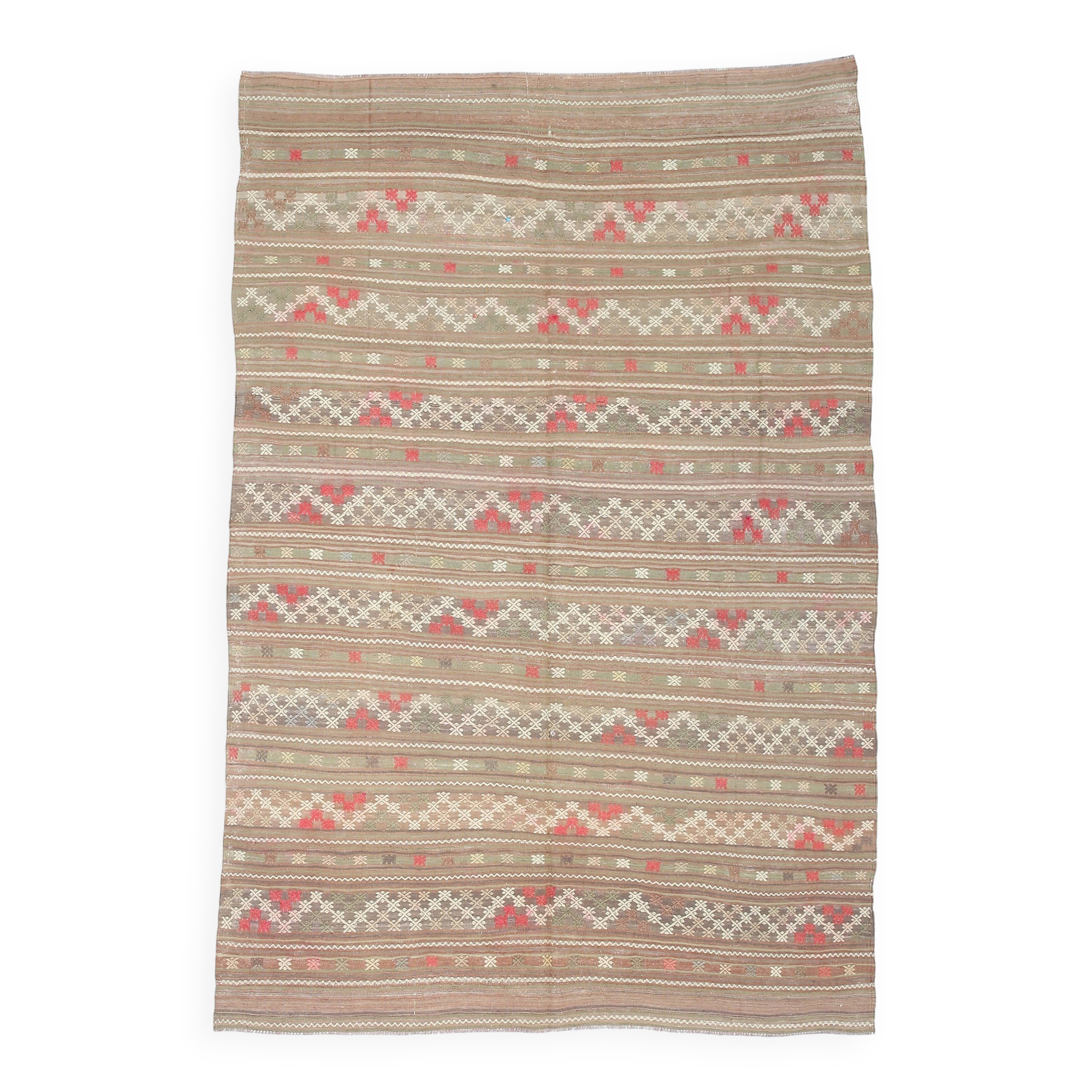 6x8 Light Green Brown Turkish Kilim Rug, 173x260Cm