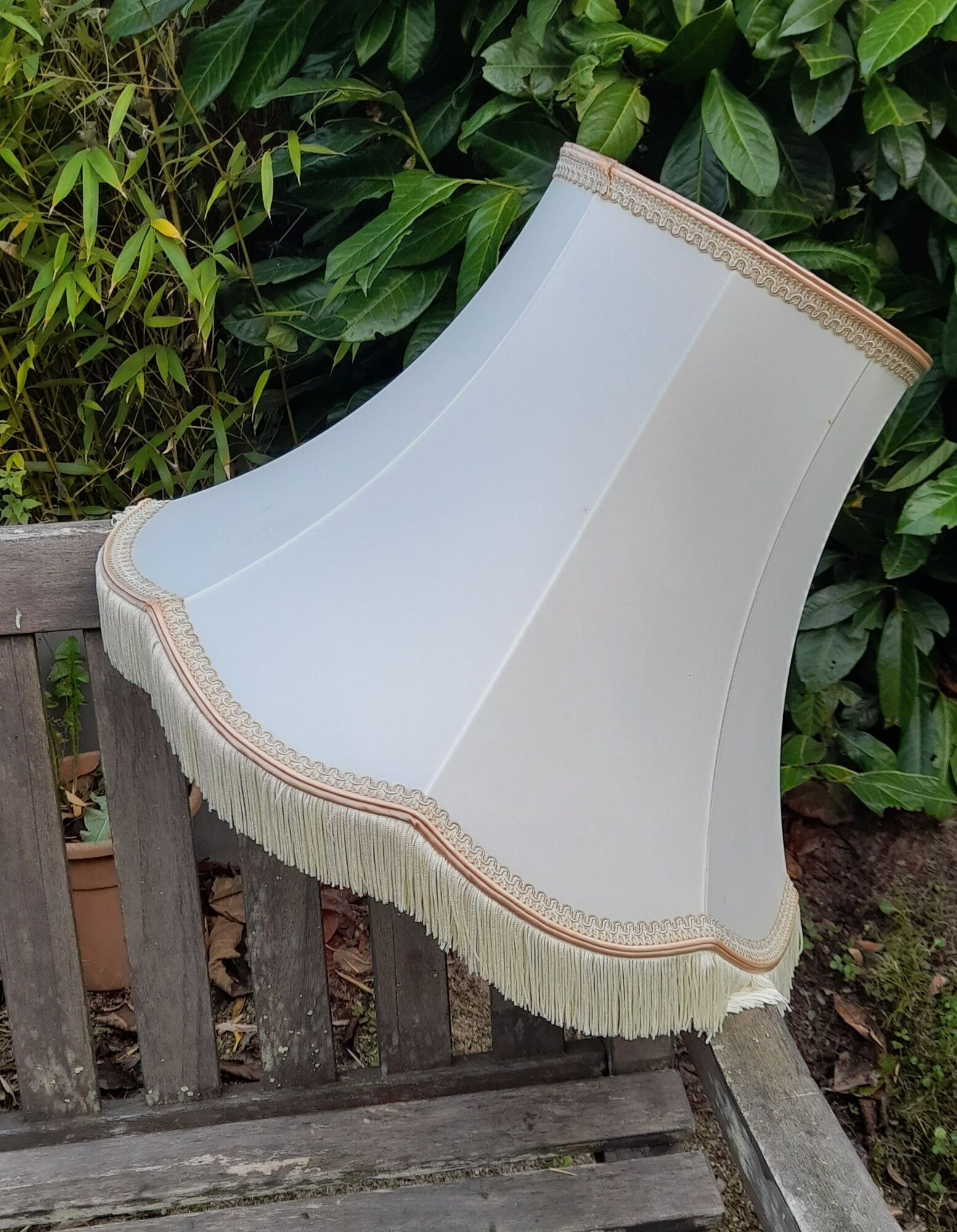 Pagoda lampshade in ecru silk, pink/beige stripe (diam 50 cm) vintage