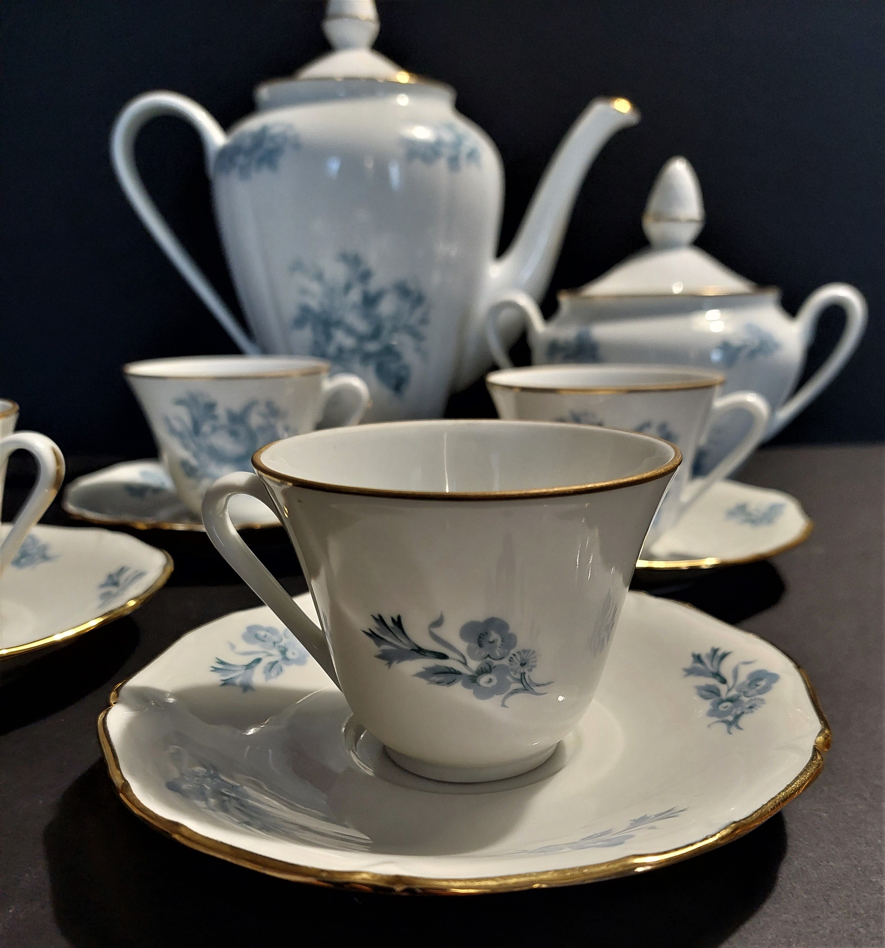 Limoges porcelain coffee set four cups pouring and sugar bowl