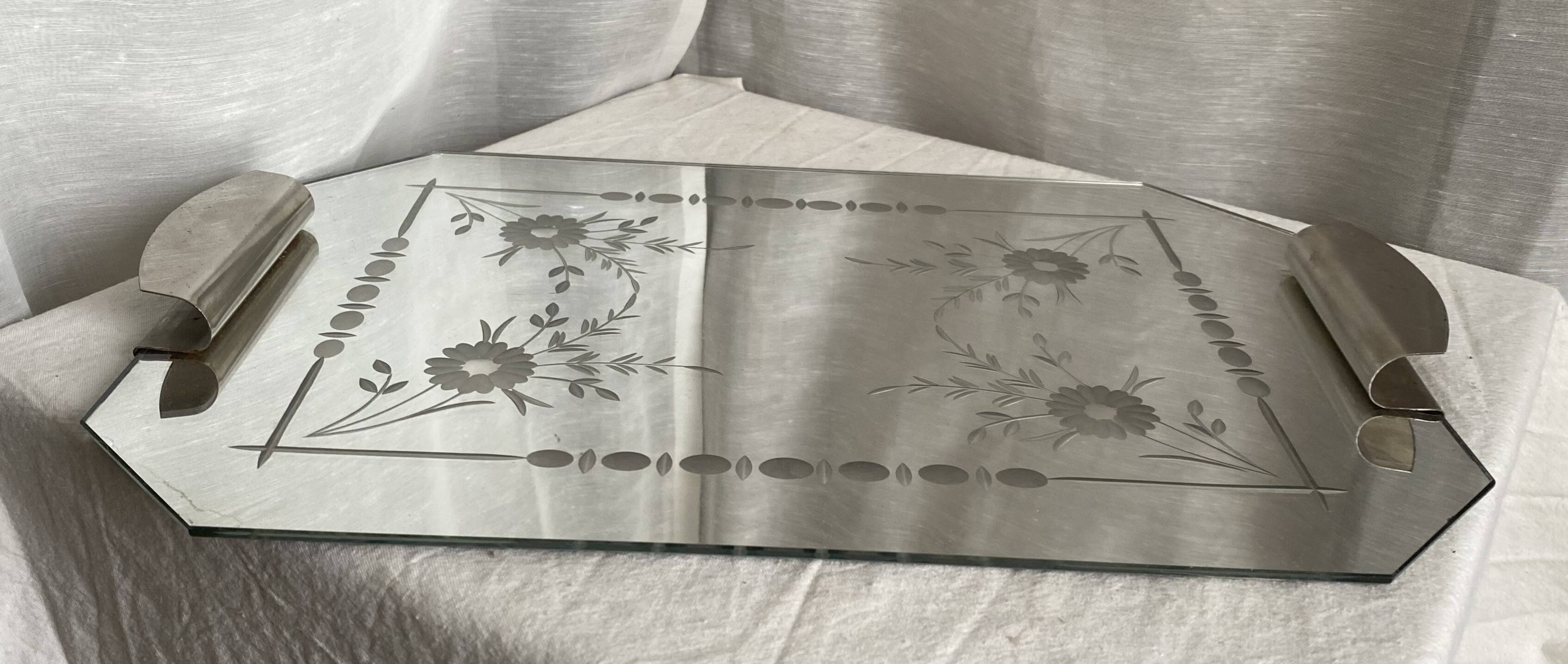 Vintage 1950s Venetian mirror and silver-plated metal tray