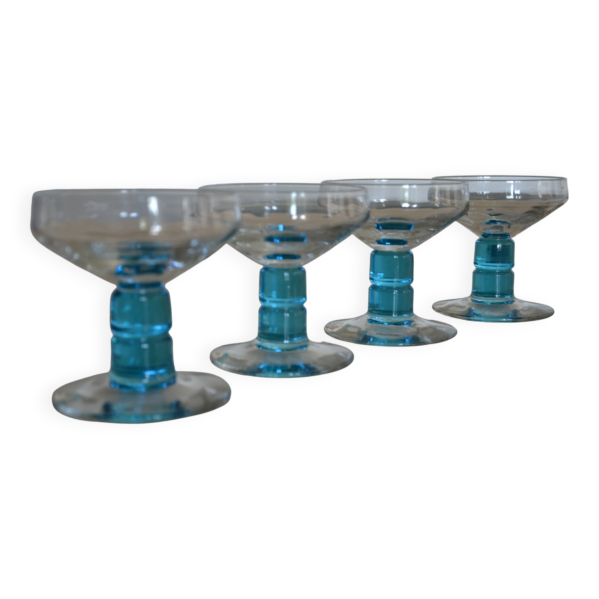 4 vintage blue footed champagne glasses