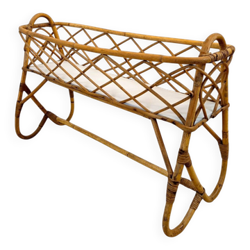 Vintage standing planter in rattan and bamboo – Riviera style, 1970s