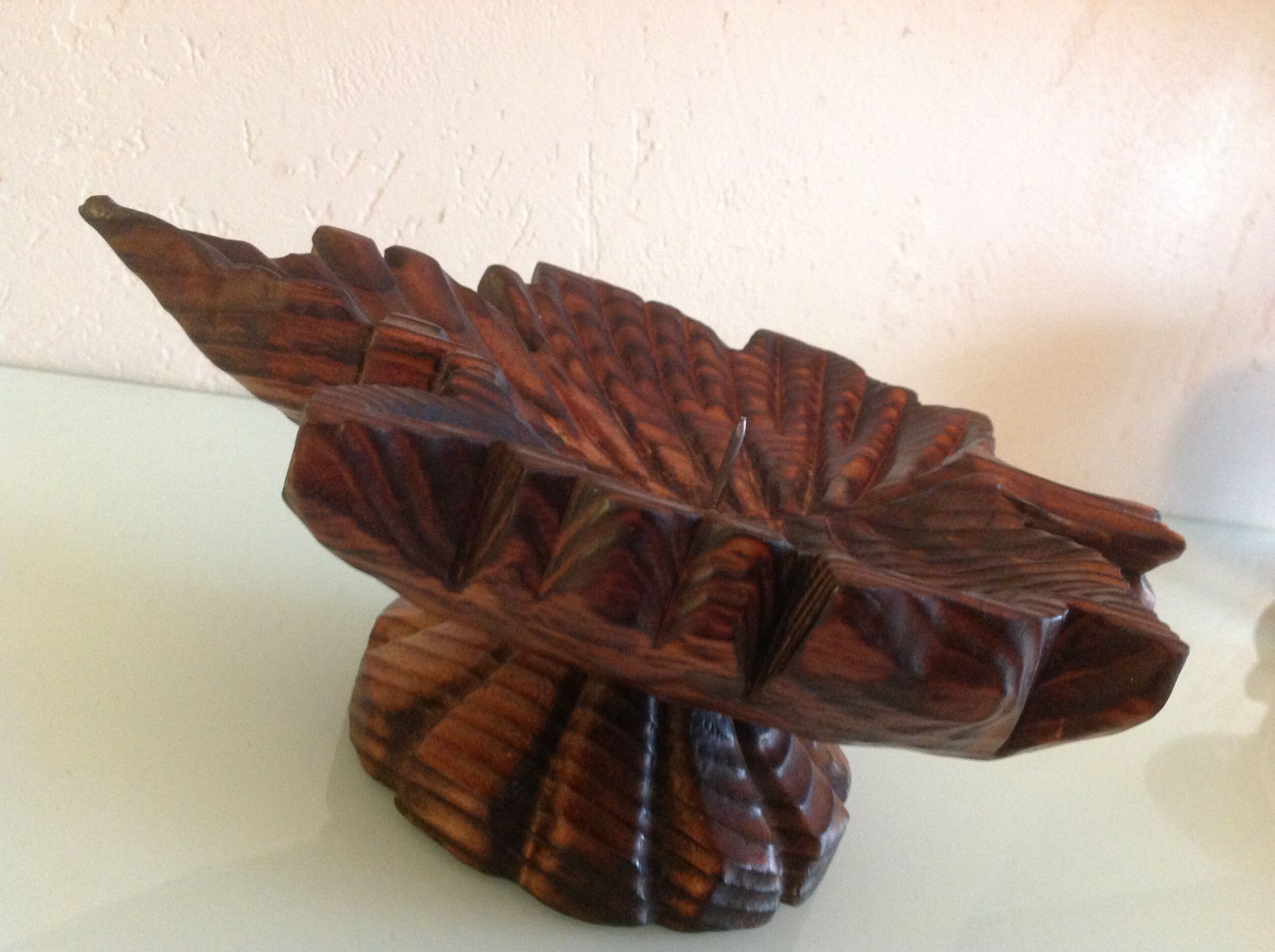 Brutalist wooden candlestick shaped vine leaf /vintage 60s-70s