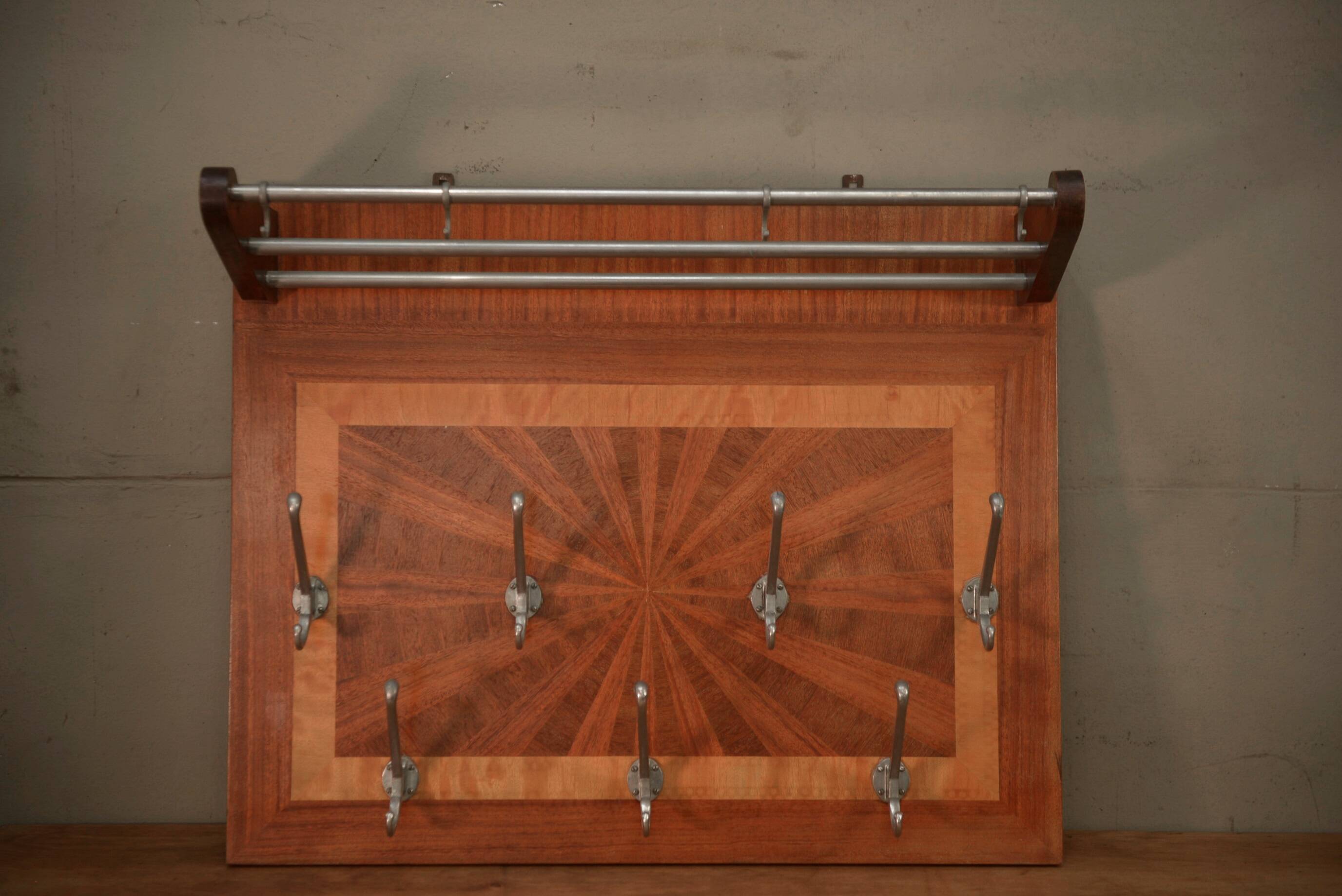 Art Deco marquetry and aluminum wall coat rack