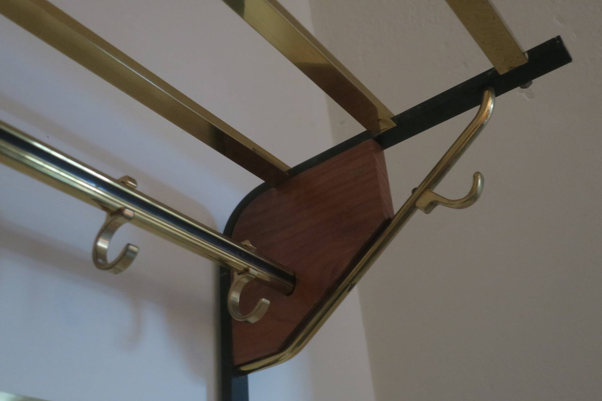 Mid-century brass and teak wall coat rack, 1960s