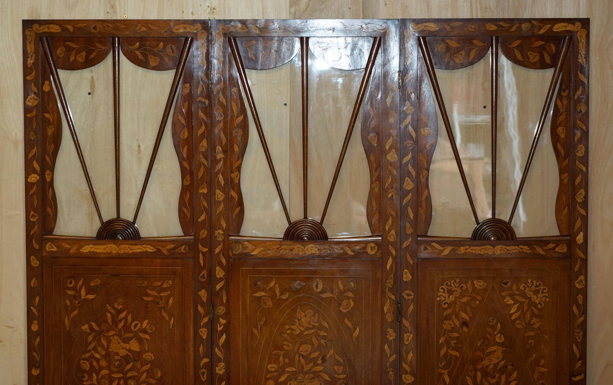 Pair of three-panel screens made of Dutch hardwood and walnut.