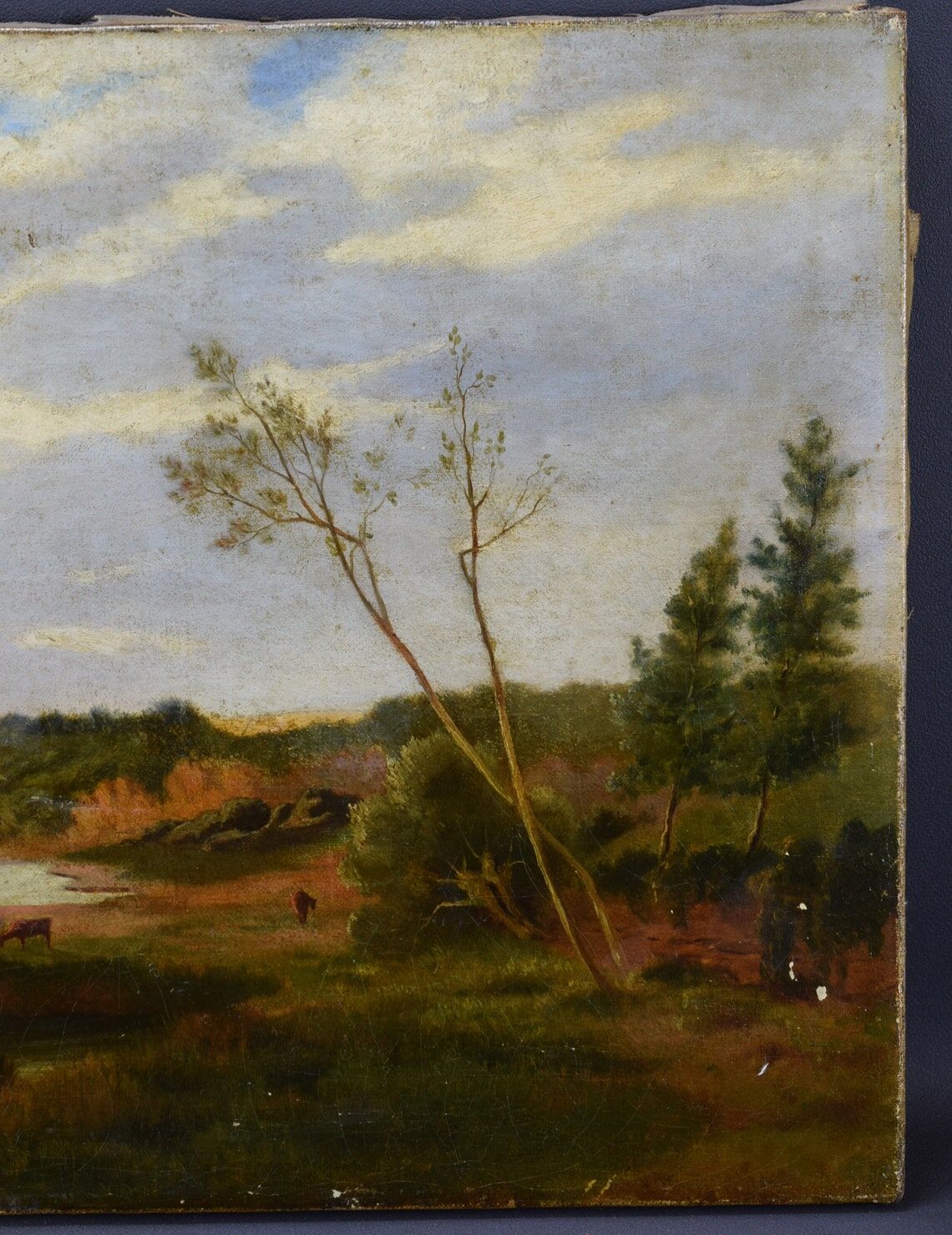 Old painting french pastoral school boat