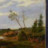 Old painting french pastoral school boat