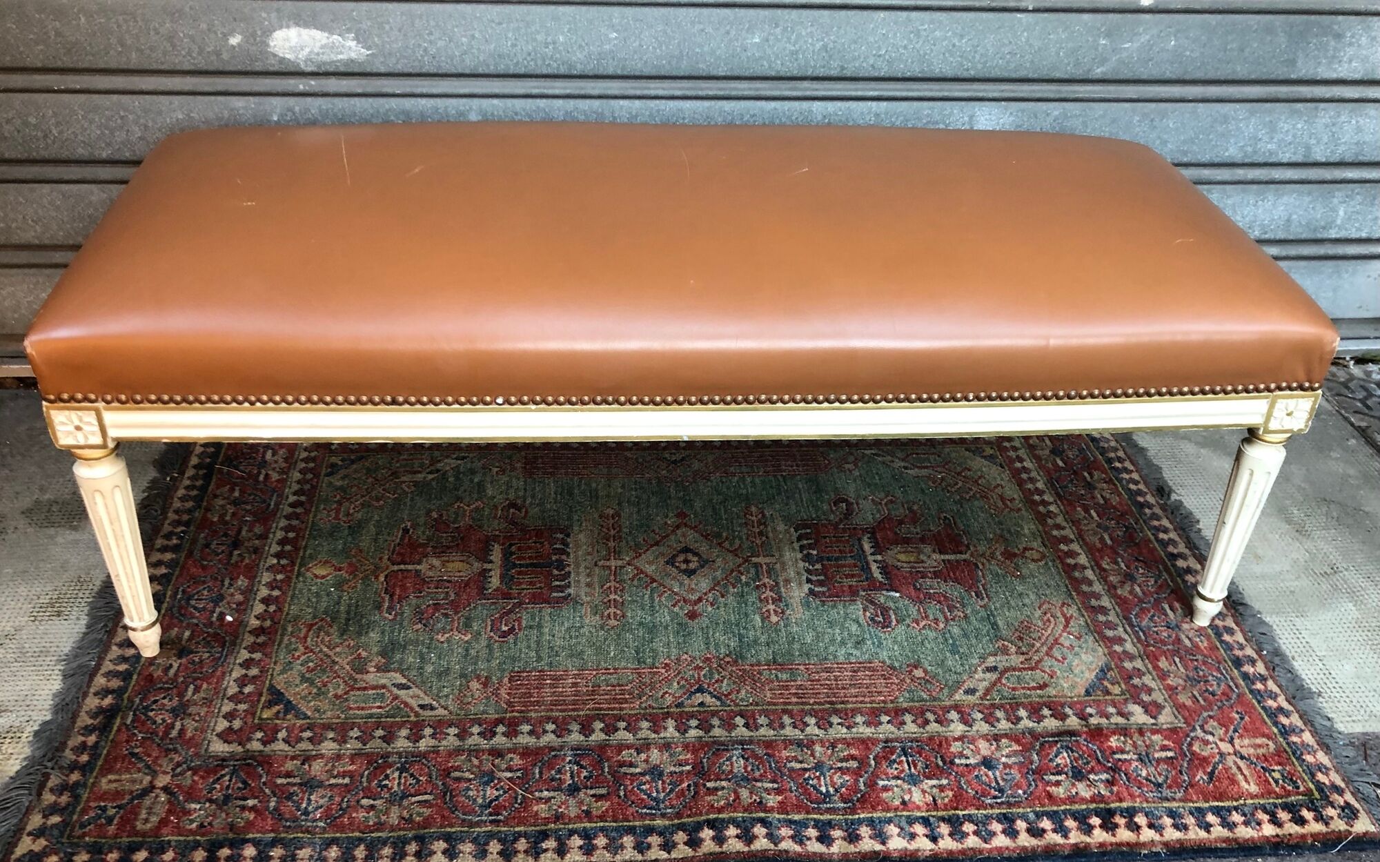 Lather bench and pedestal wood patina beige Louis XVI style