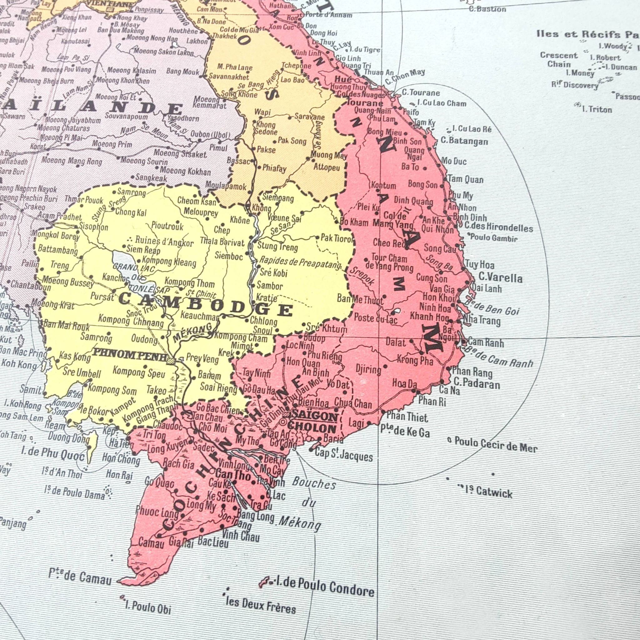 Old map of Indochina Asia 43x43cm from 1950