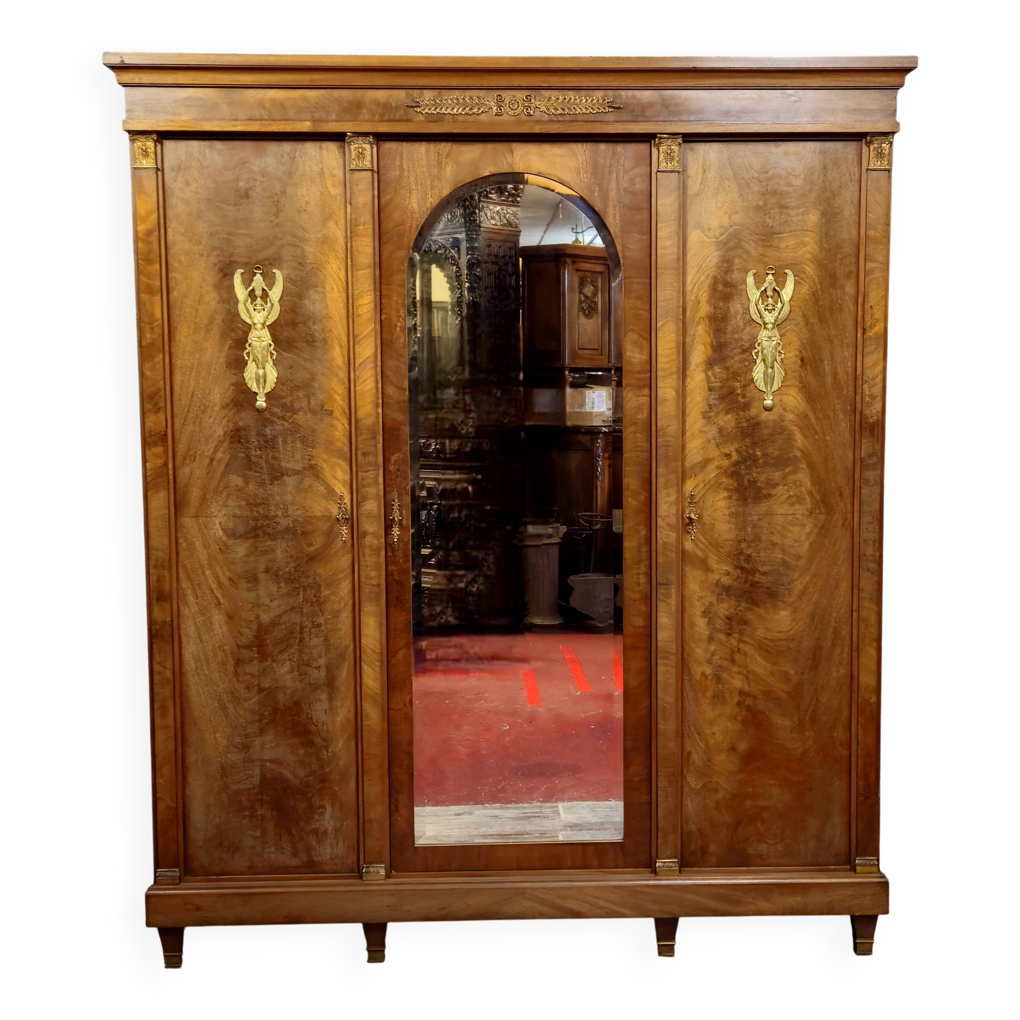 Large antique mahogany wardrobe with mirror – Empire style / 20th century