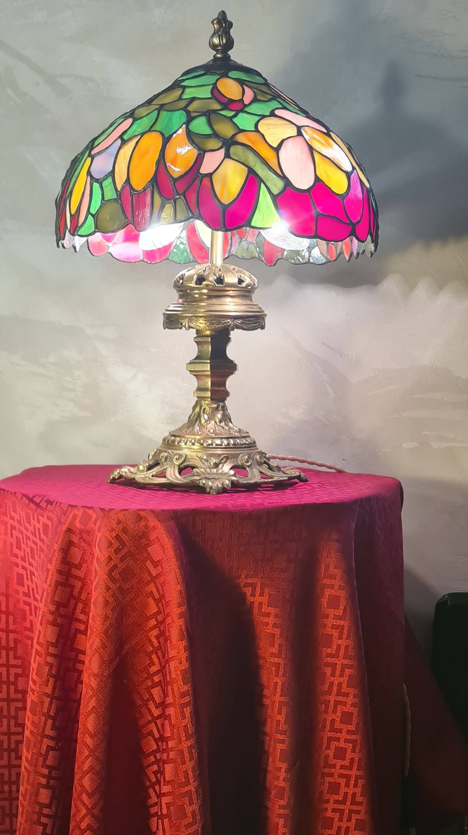 antique bronze lamp and stained glass shade