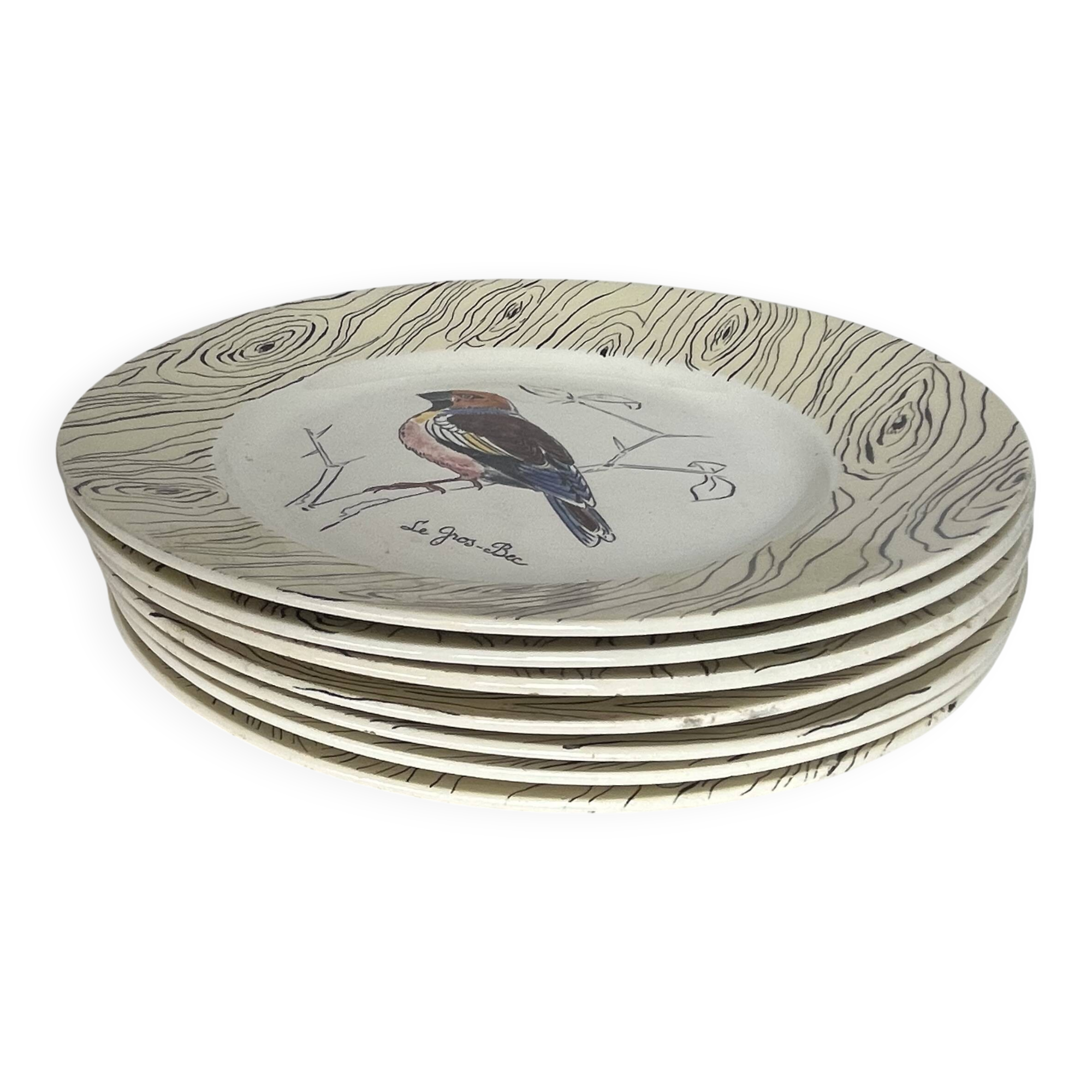 7 antique plates decorated with birds