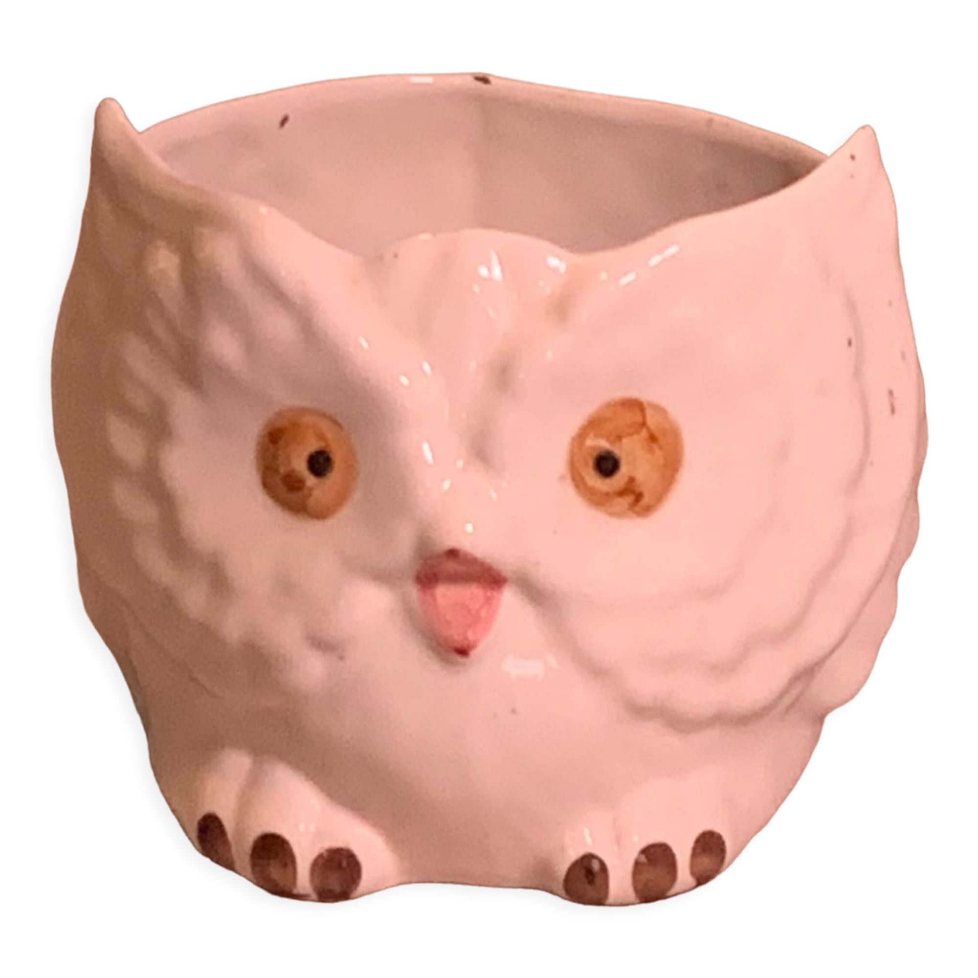 Cache pot owl glazed ceramic white slip earthenware siol Portugal
