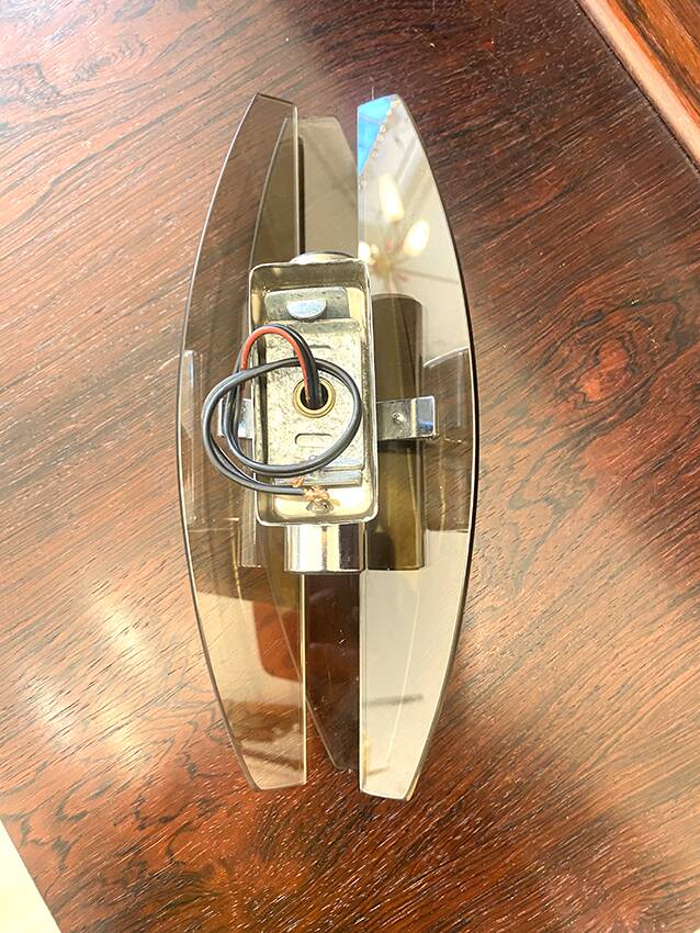 Pair of smoked glass and chrome wall lights, Italy, 1970