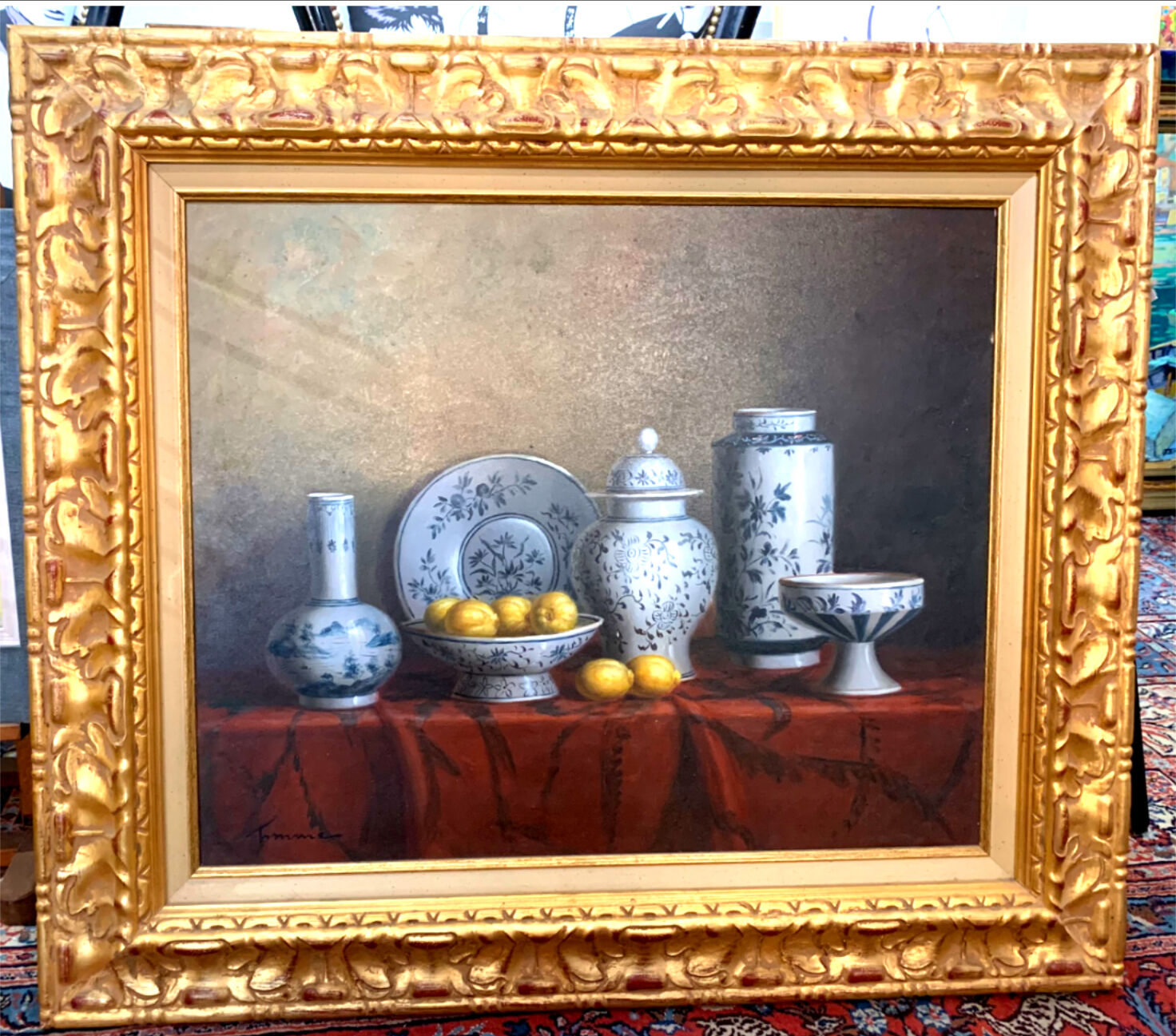 Still life with chinoiseries.oil on canvas framed