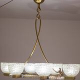 Art Decò Seguso Oval Mid-Century Six- Light Murano Glass and Brass Chandeli