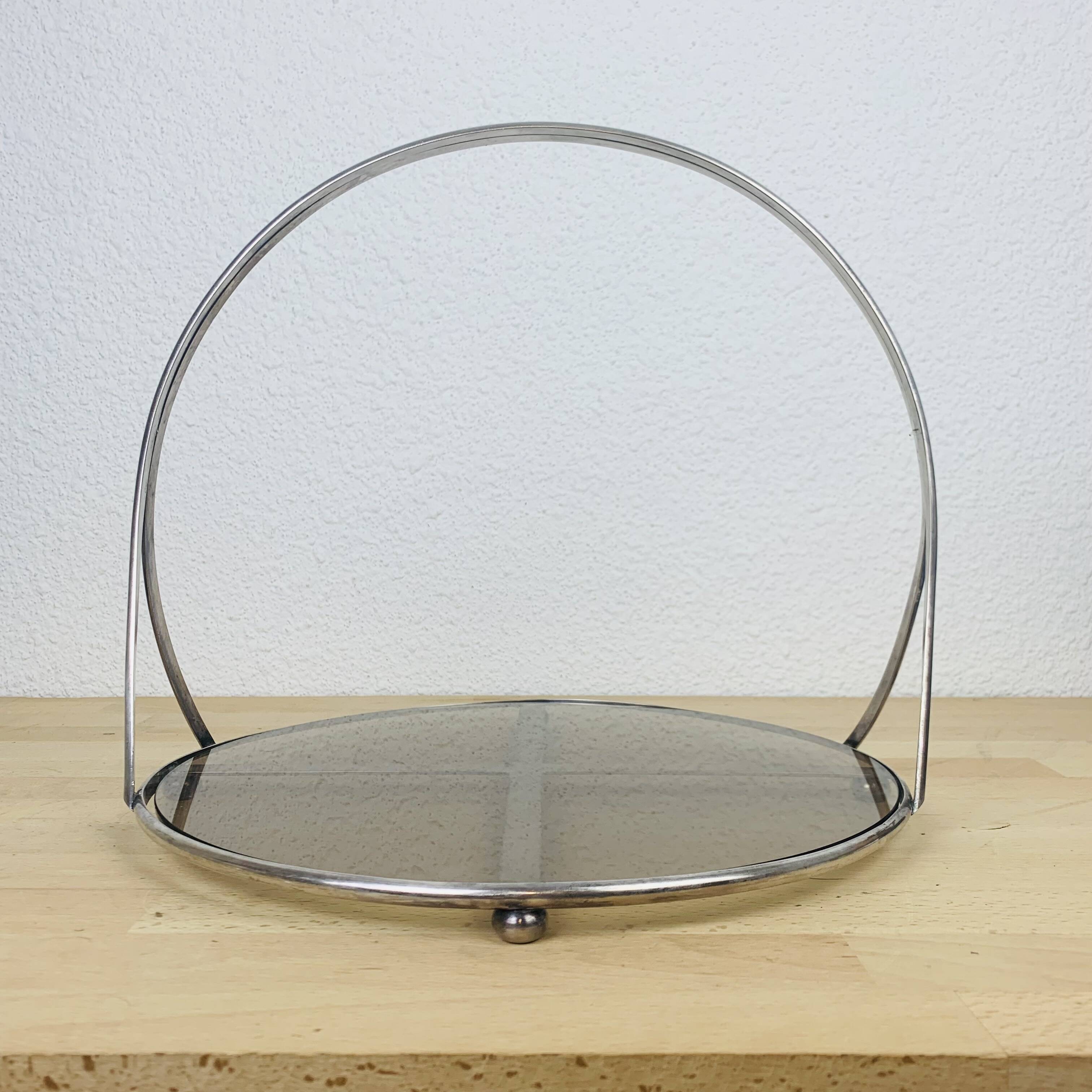 Silver metal and smoked glass tray