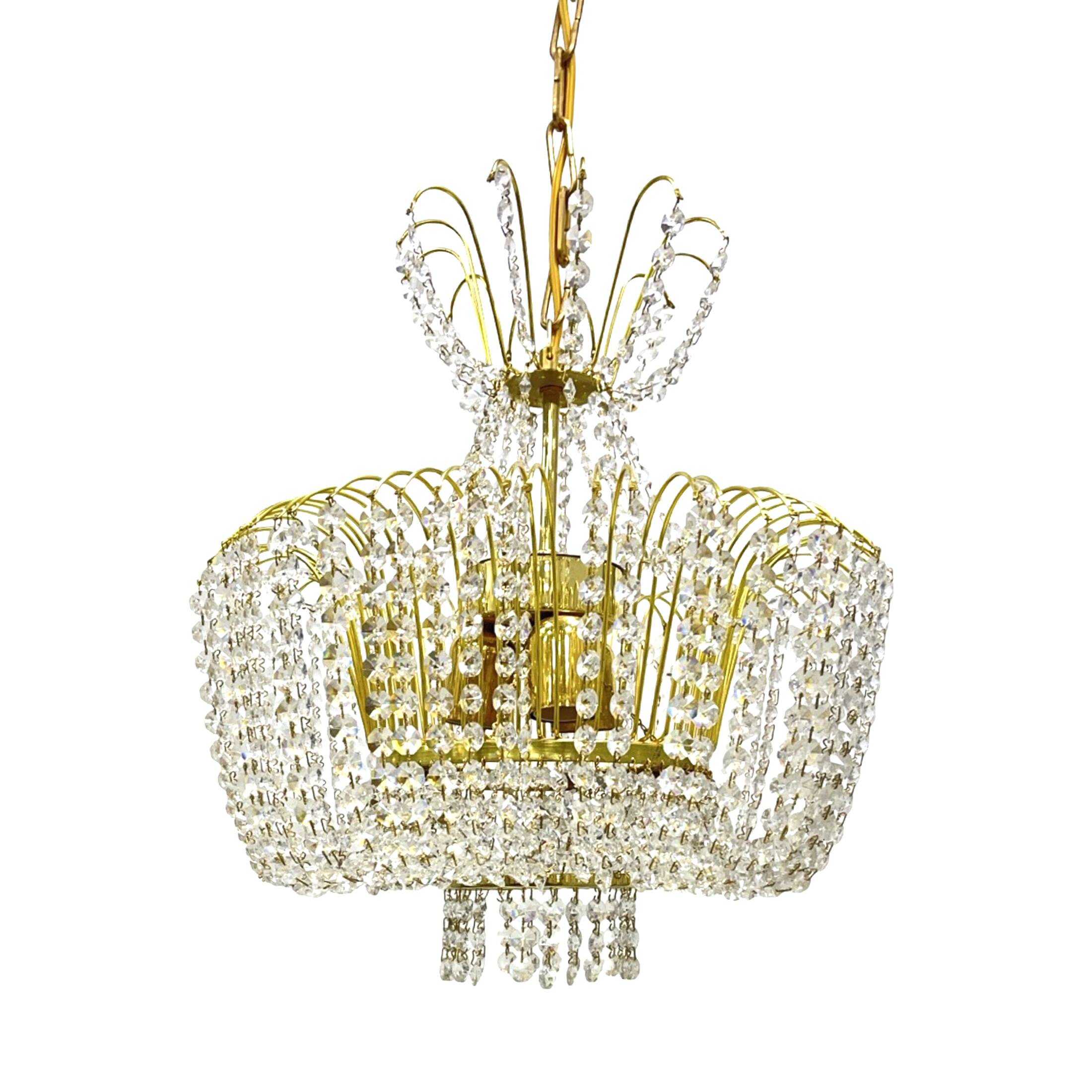 Kamenický Šenov crystal chandelier, gilded brass, 1970s, Czechoslovakia