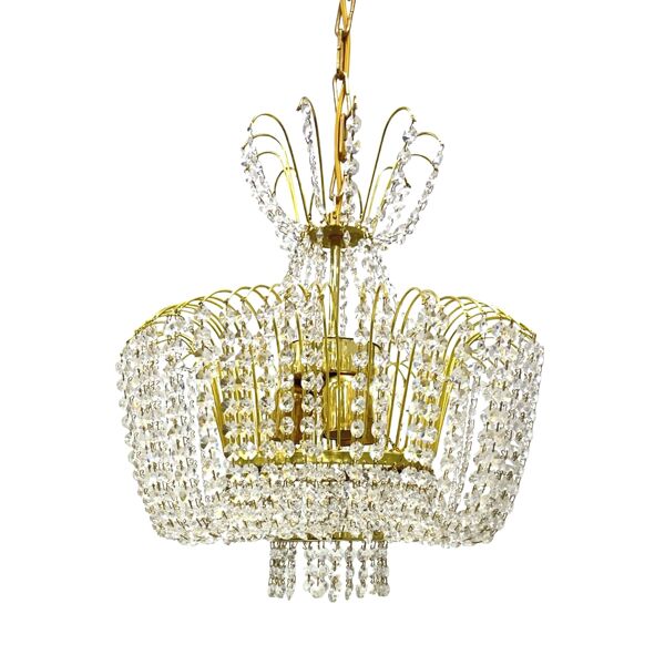 Chandelier en cristal de Kamenický Šenov, laiton doré, années 1970, Tchécoslovaquie