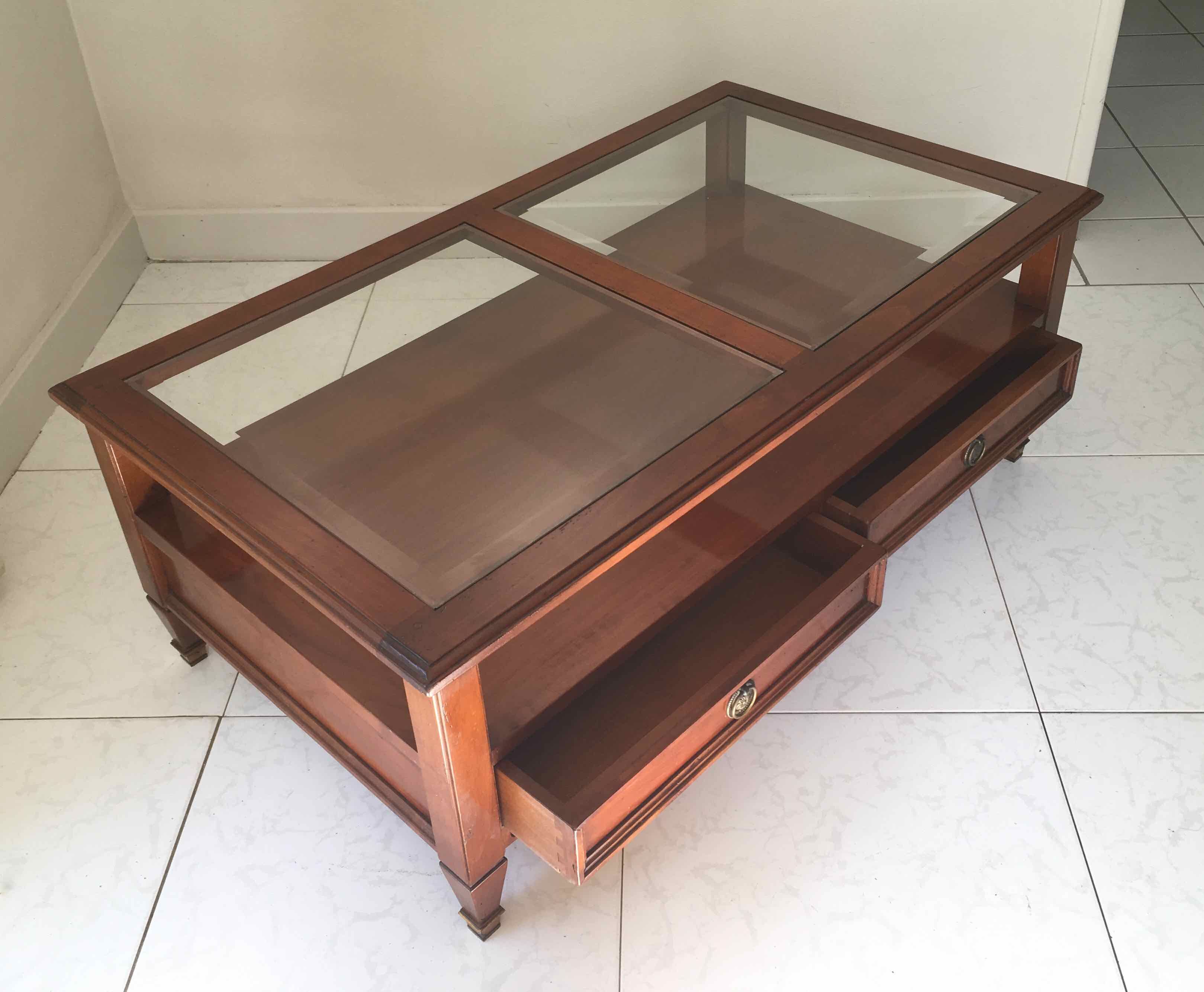 Coffee table with cherry drawers and beveled glass