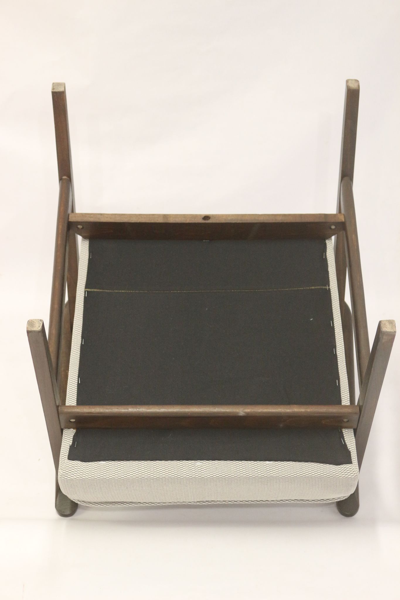 Pair of Henryk Lis armchairs 300-190s 1970s reupholstered gray textured fabric.