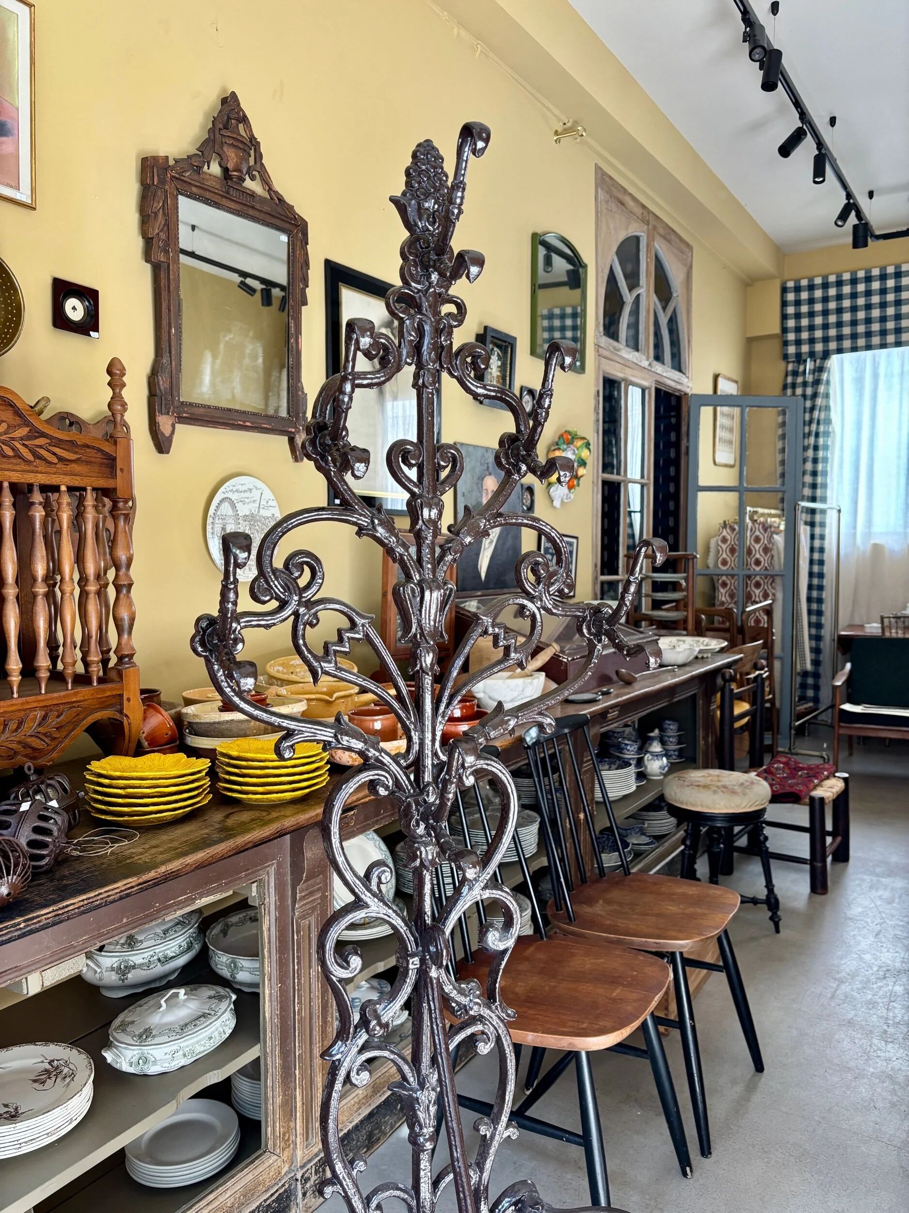 Coat rack with 6 hooks and cast iron brown umbrella stand.