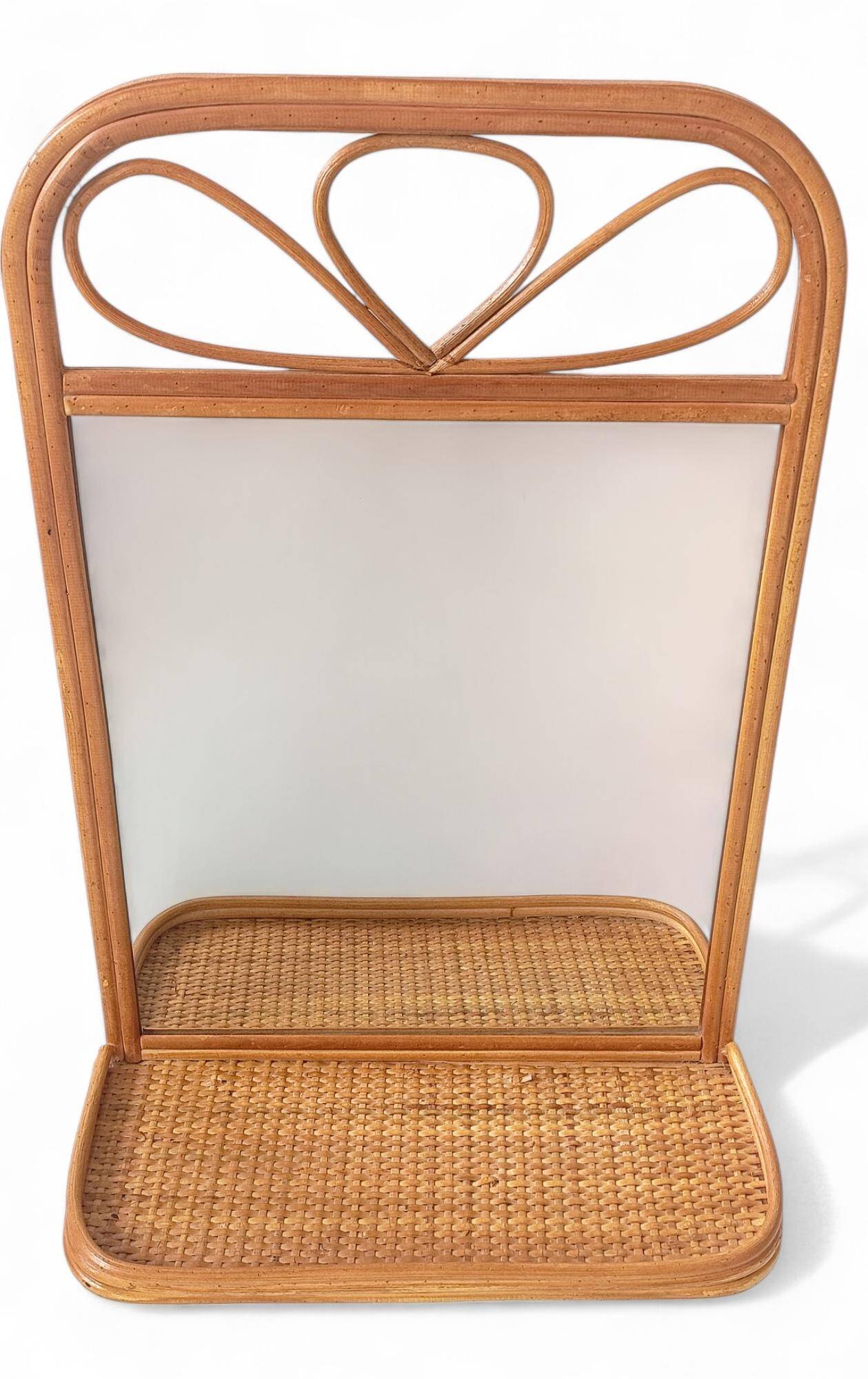 Mid Century French Riviera Rattan and Wicker Mirror With Shelf, Spain, 1960s–70s
