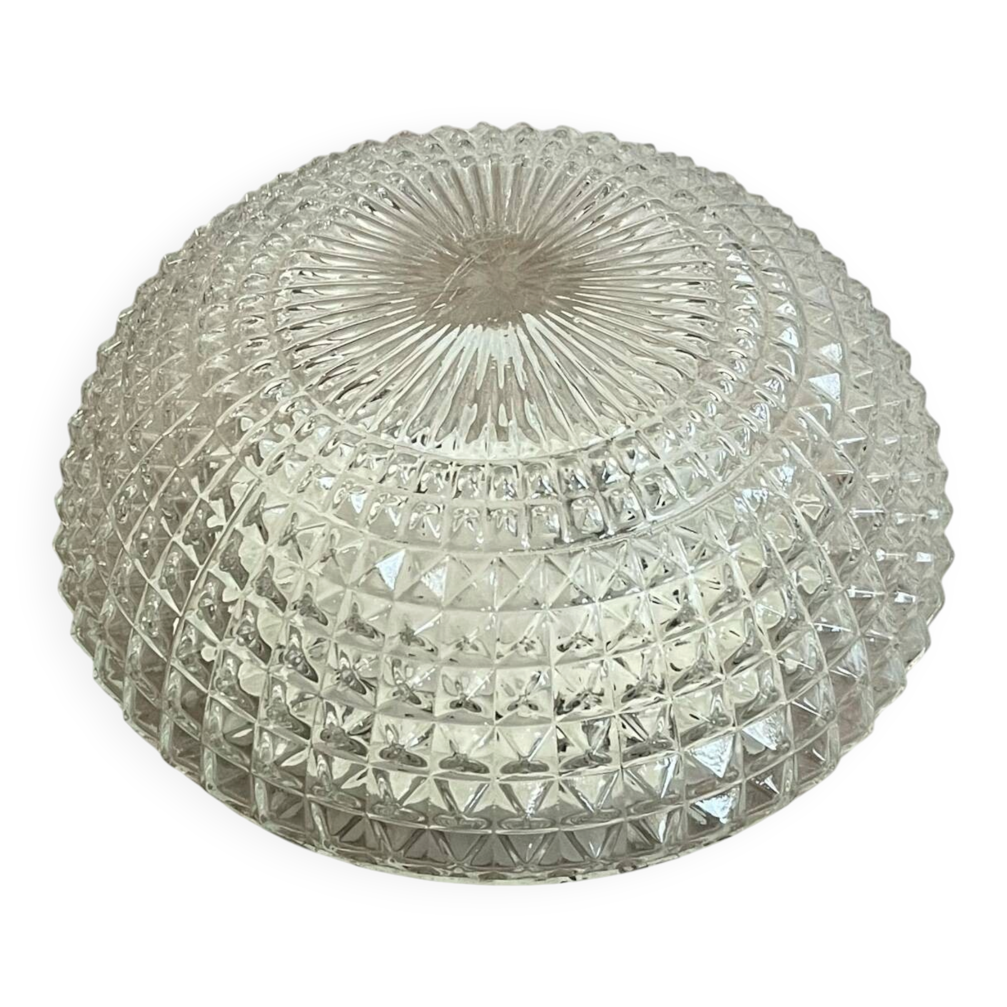 Large round wall lamp ceiling light in transparent vintage glass from the 1970s.