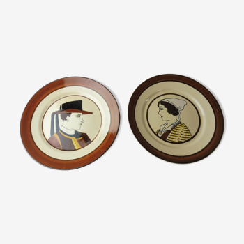 Pair of old plates, Breton décor, HB Quimper