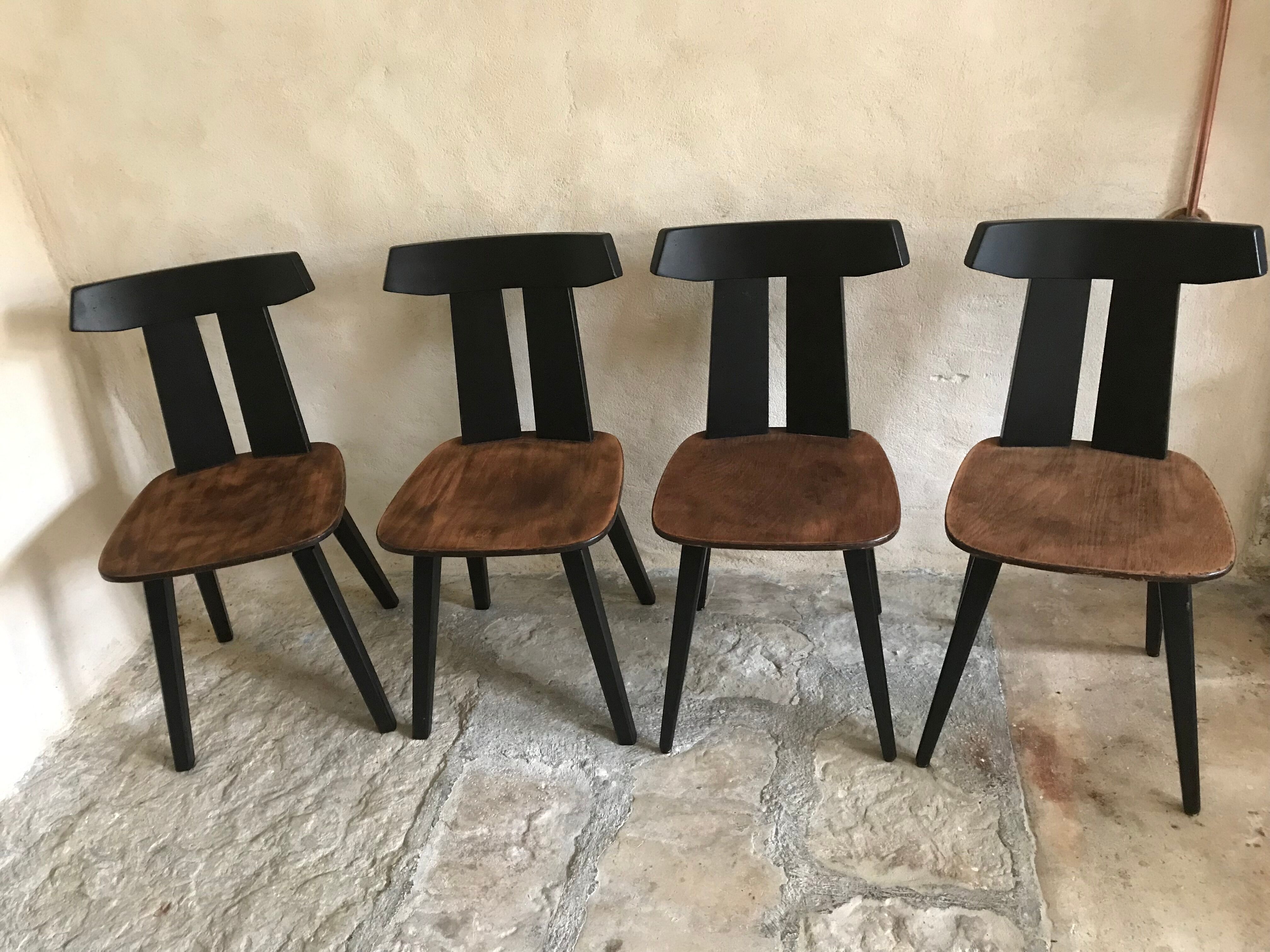 Set of 4 vintage brutalist chairs in beech 1960's