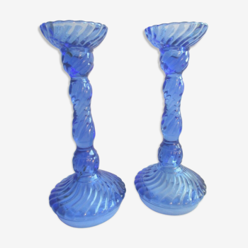 2 twisted blue glass candlesticks, reversible, Art Deco