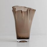 Vintage Murano glass vase from the 1980s, smoky brown, organically wavy shape.
