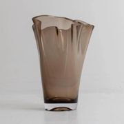Vintage Murano glass vase from the 1980s, smoky brown, organically wavy shape.