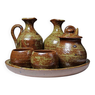Vintage condiment service in glazed pyrite stoneware, artisanal Baudat La Borne style.