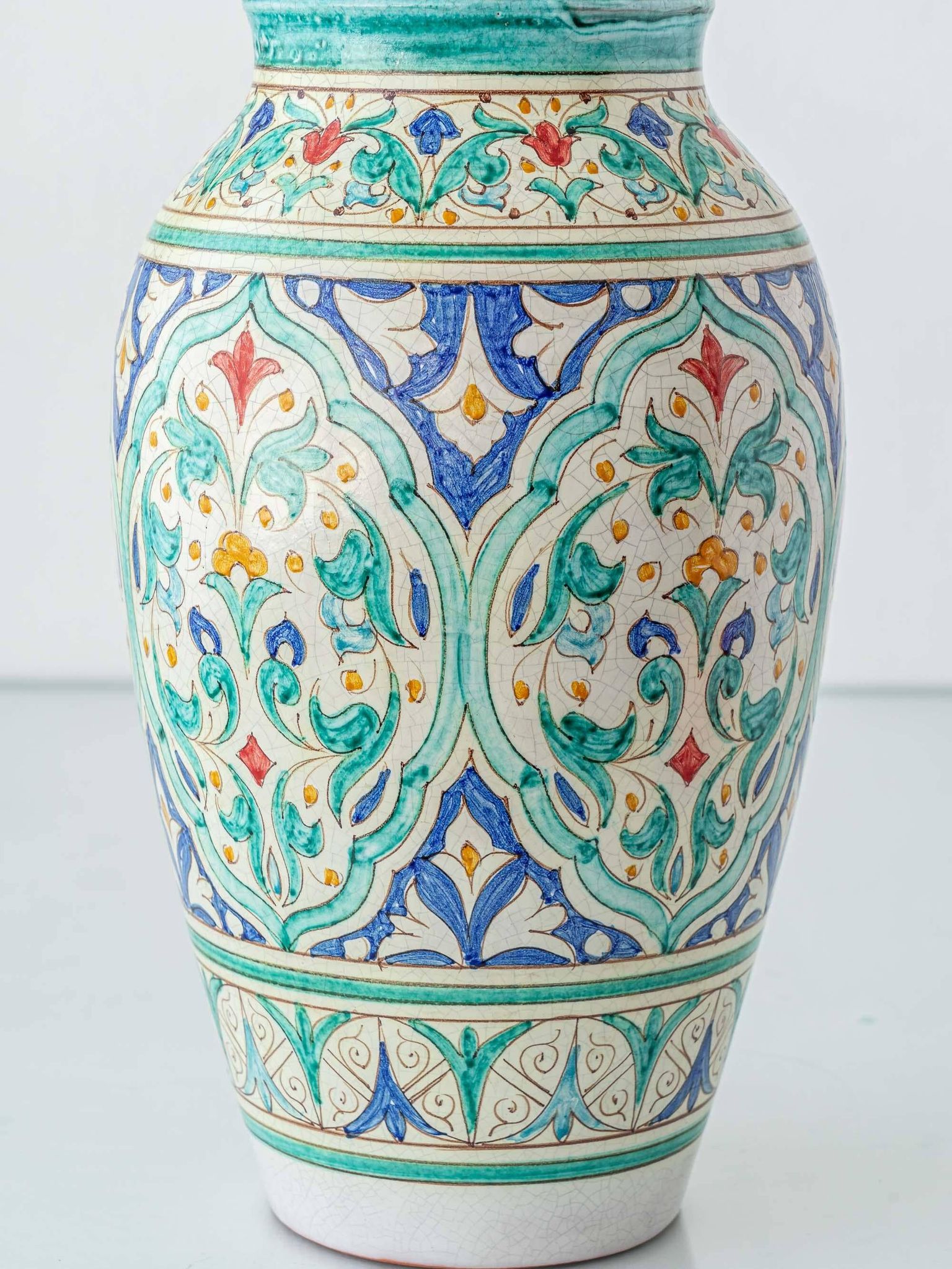 Spanish Moorish ceramic table lamp, new saffron silk shade.