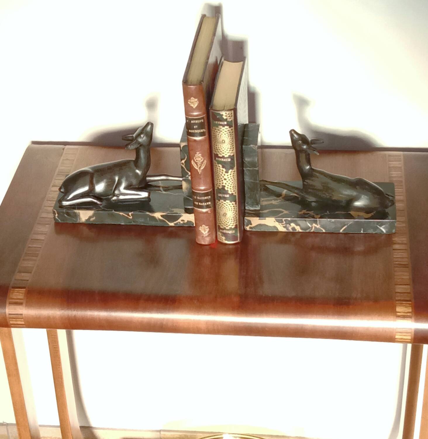 Art Deco Bookends of Doe Lying on Portor Marble