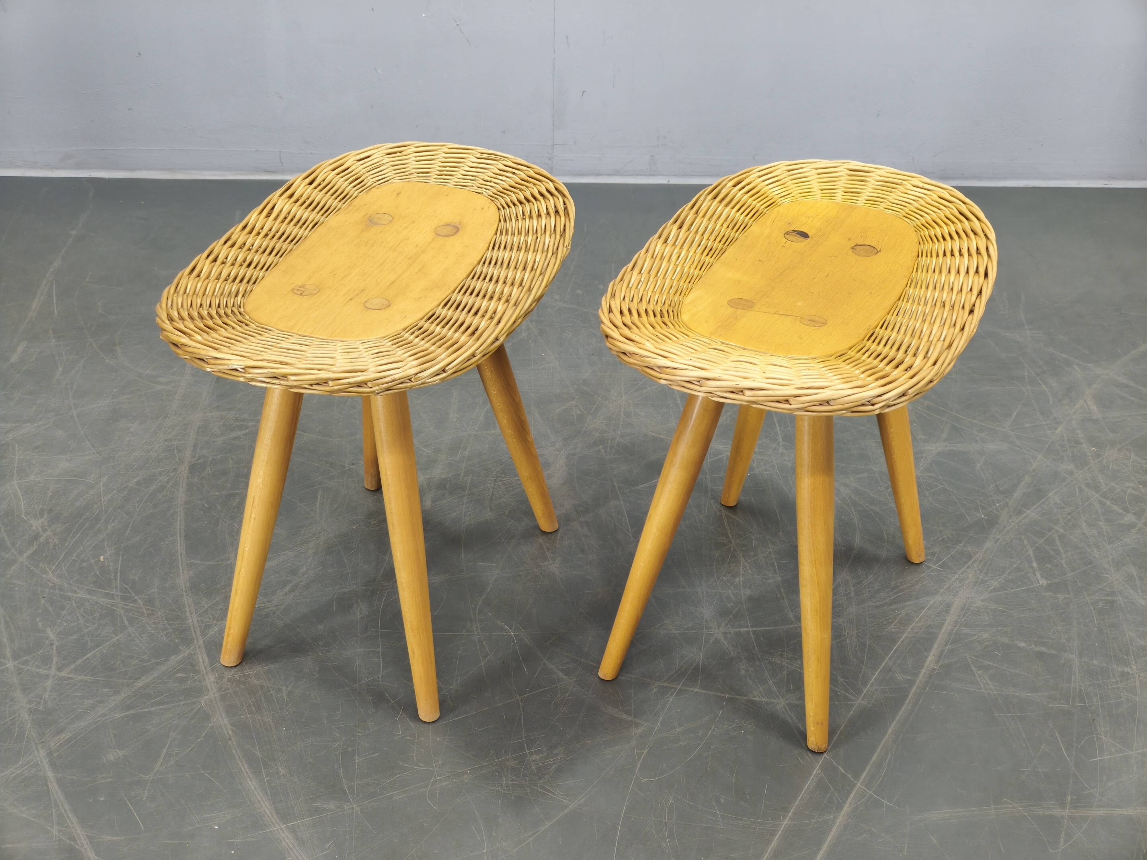 Pair of Rattan Side Tables by Jan Kalous for ULUV, 1970s