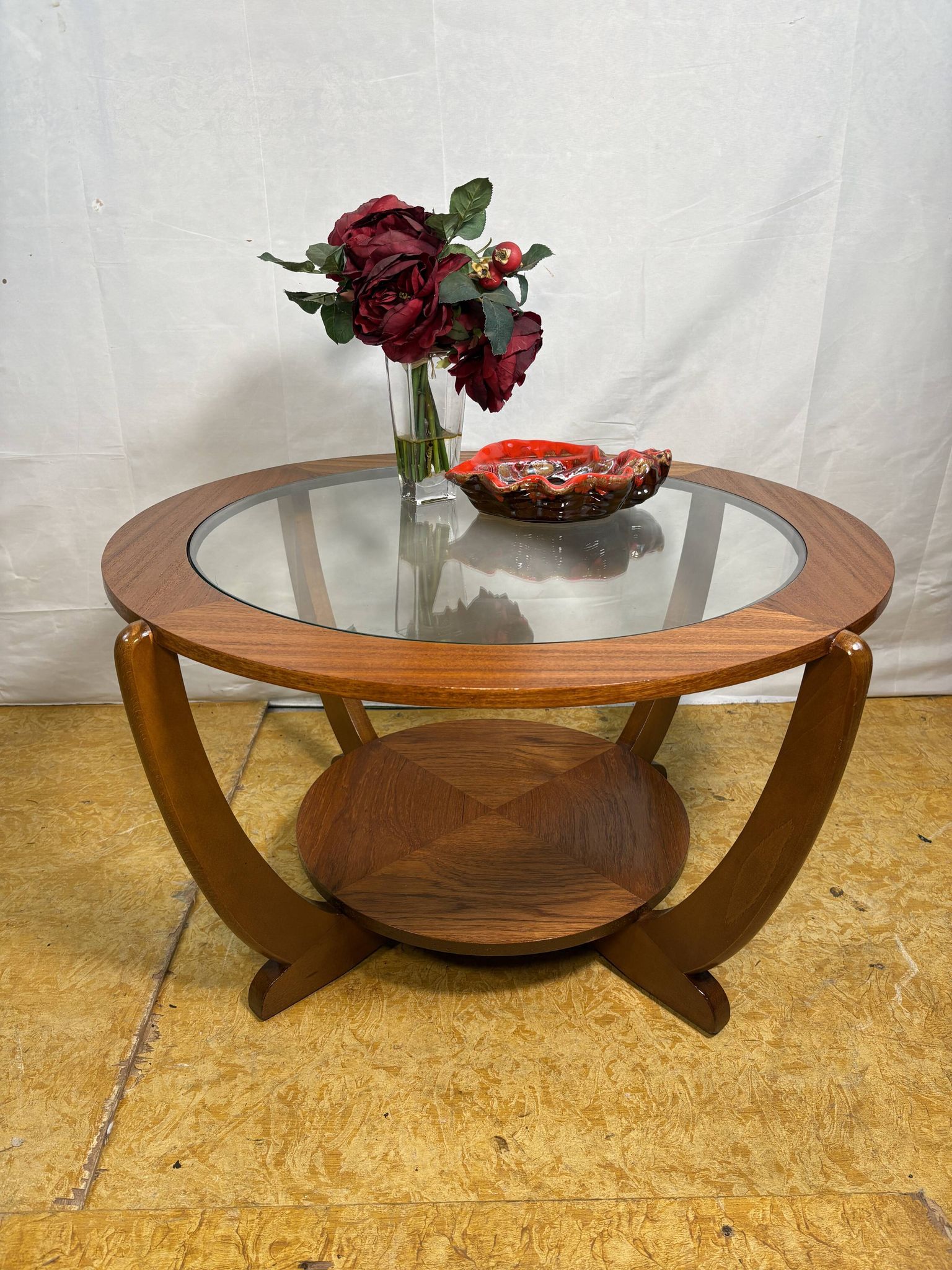 Mid-Century Retro Vintage Teak & Glass Round Coffee Table by Stonehill 1960