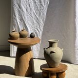 Mini minimalist stool with ball feet in teak H15 D35