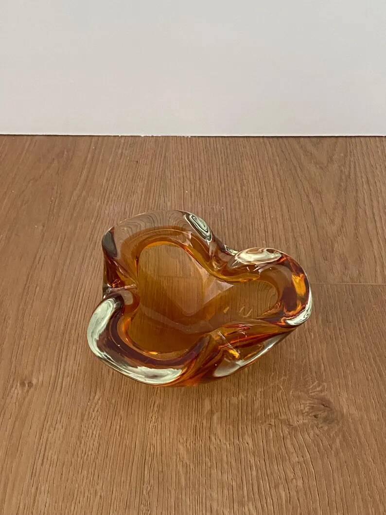 Vintage amber art glass ashtray in Murano style, sculptural free-form hand-blown bowl, glass catchall, Mid-Century Italy.