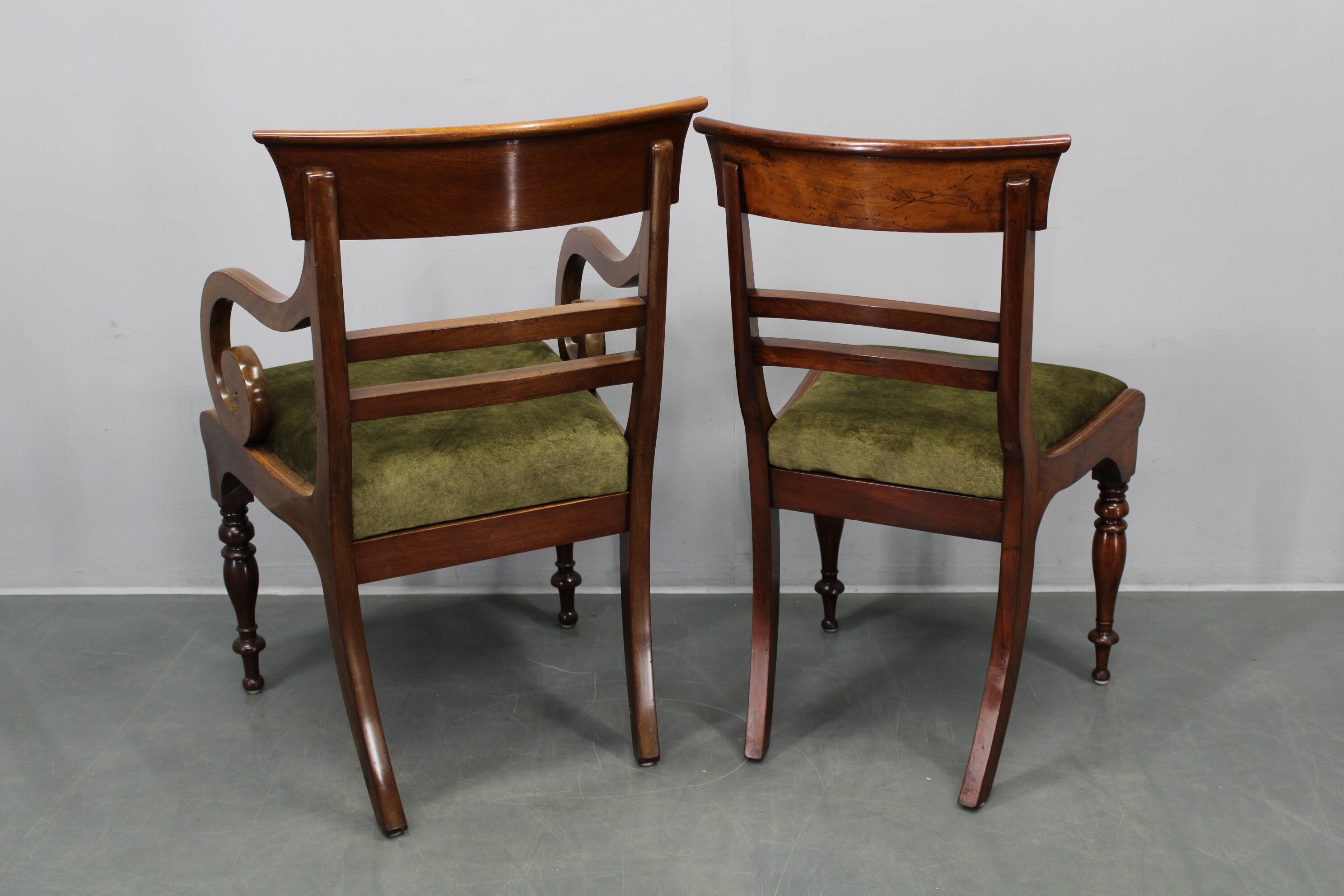 French Art Deco walnut dining chair set with armchairs, France 1930s