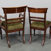 French Art Deco walnut dining chair set with armchairs, France 1930s